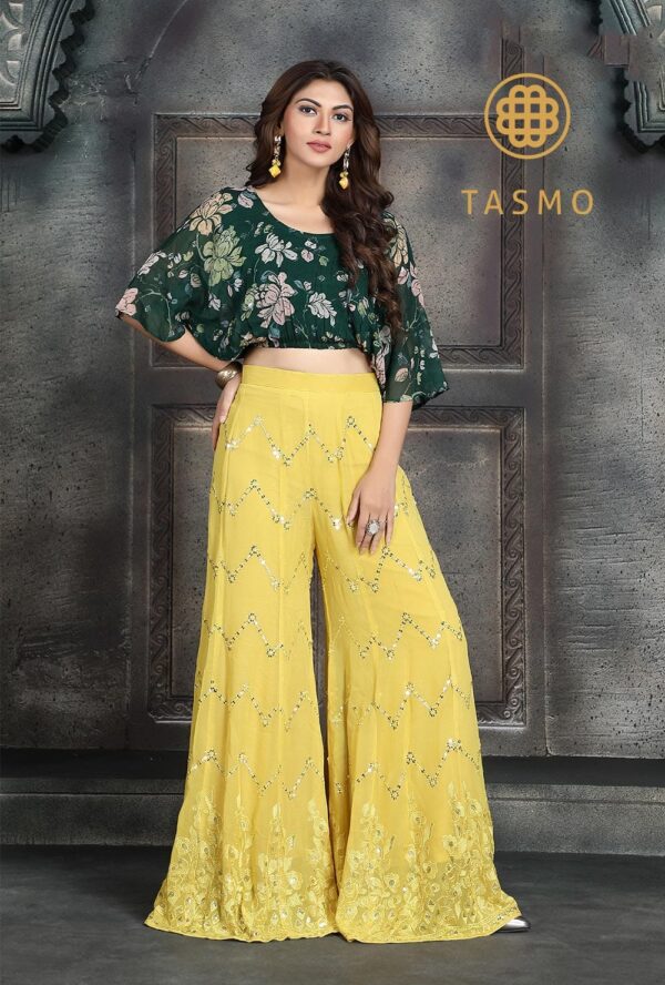 TM 7007 - Floral Print Crop Top with Detailed Sequins Work Set / B