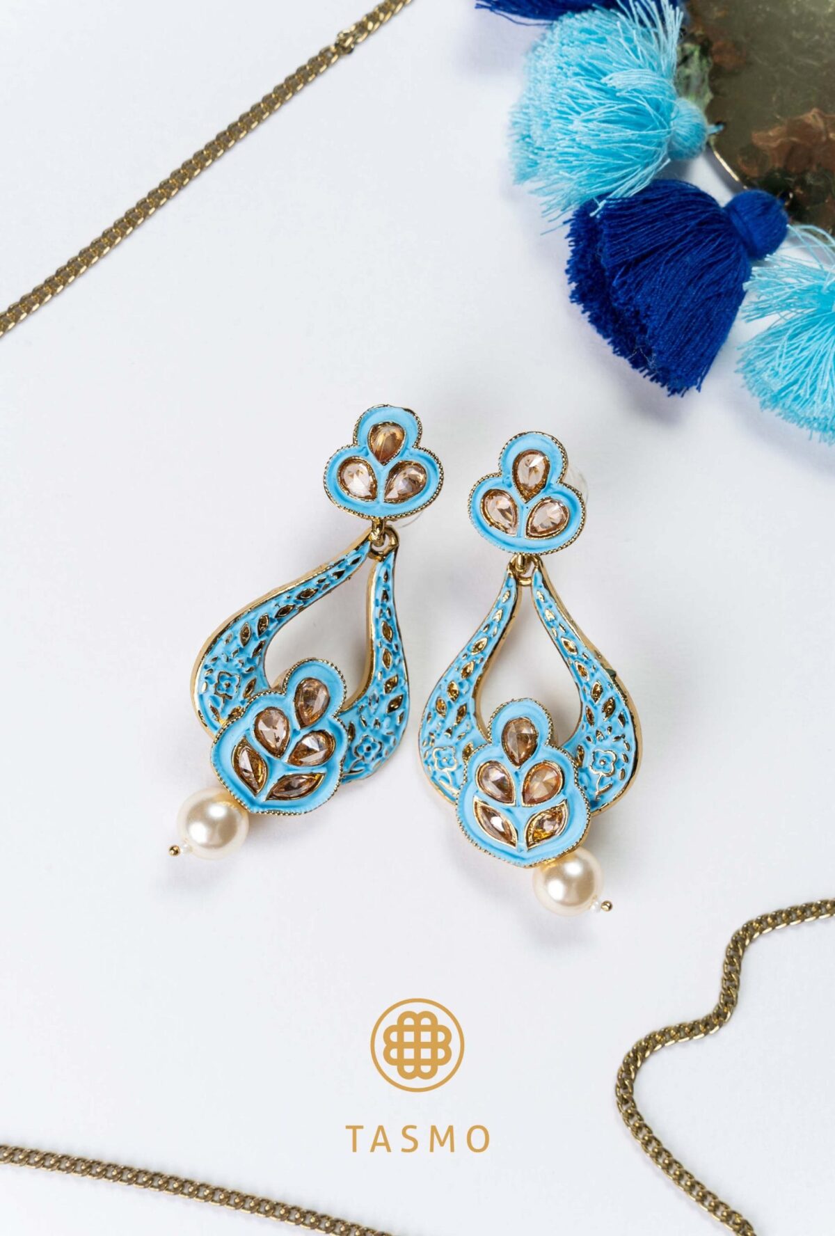 TM 6204 - Sky Blue Earring with Kundan Work & Pearl
