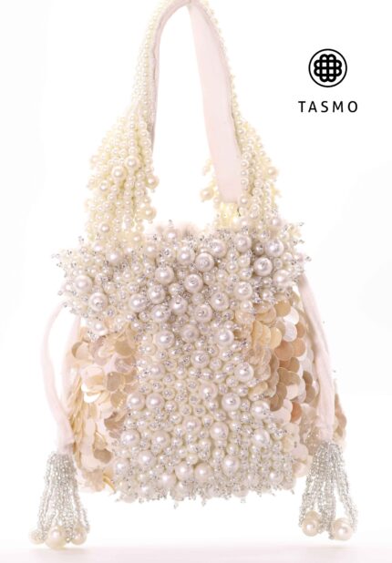 TM 7958 - Cream and White Hand-Beaded Potli