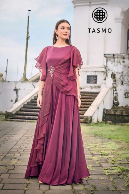 TM 4024/B -Luxurious Wine-Hued Gown that Flows with Pleated Grace