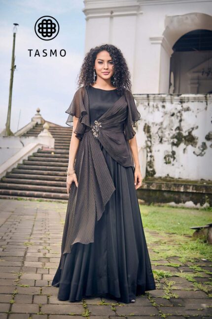 TM 4024/A -Luxurious Black-Hued Gown that Flows with Pleated Grace